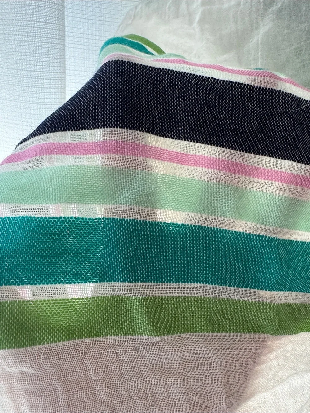 Old Navy white, navy, green and pink tasseled wrap.